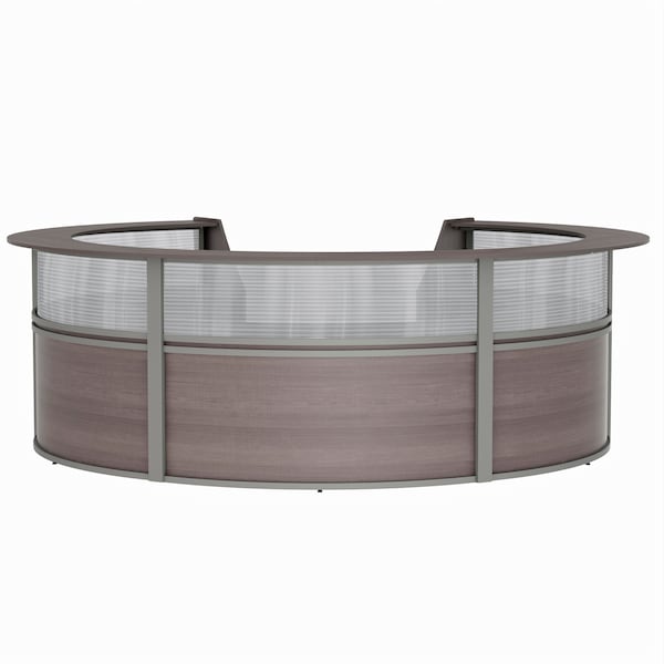 Reception Desk 11.1 ft D X 46 in H, 11.8 ft W X Thermofused Laminate, Mocha, Clear